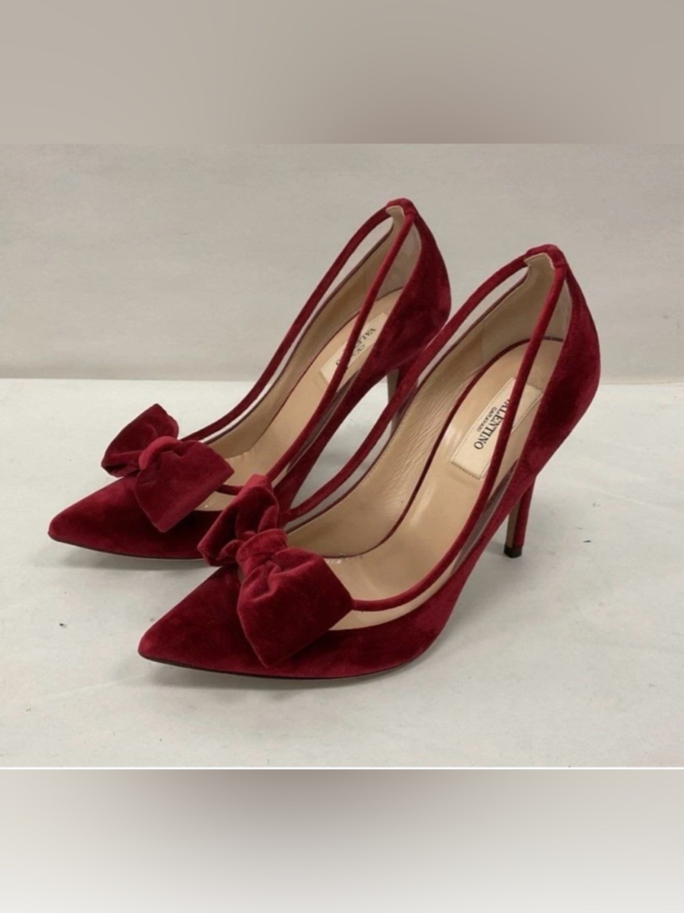 Valentino Deep Red Velvet Bow Pointed-Toe Pumps 38